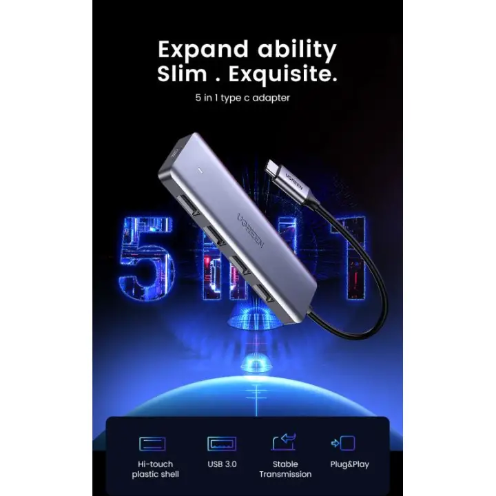 UGREEN HUB 4 PORTS USB-C VERS 4XUSB 3.0 A/0.15M/GRIS 