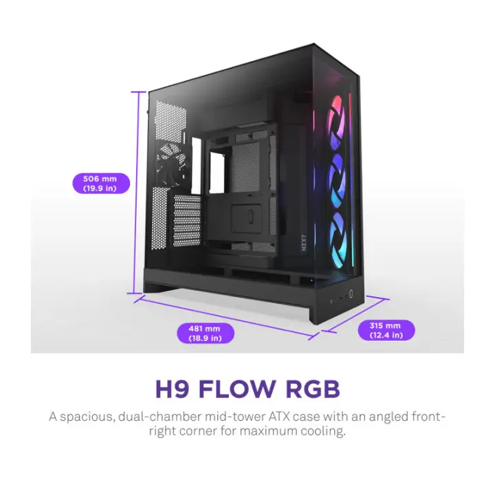NZXT H9 FLOW RGB (CM-H92FB-R1) DUAL-CHAMBER MID-TOWER CASE W/ RGB FANS - 