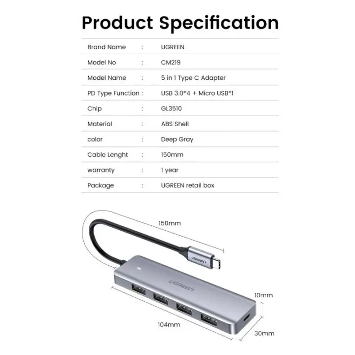 UGREEN HUB 4 PORTS USB-C VERS 4XUSB 3.0 A/0.15M/GRIS 