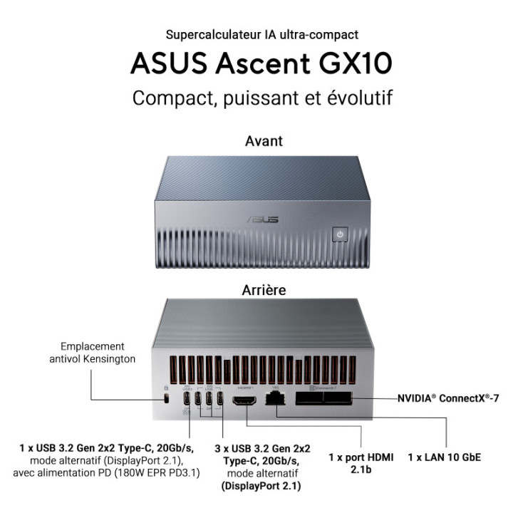 ASUS ASCENT GX10 GX10-GG0003BN GB10 128 GO LPDDR5X-SDRAM MINI PC GRIS 