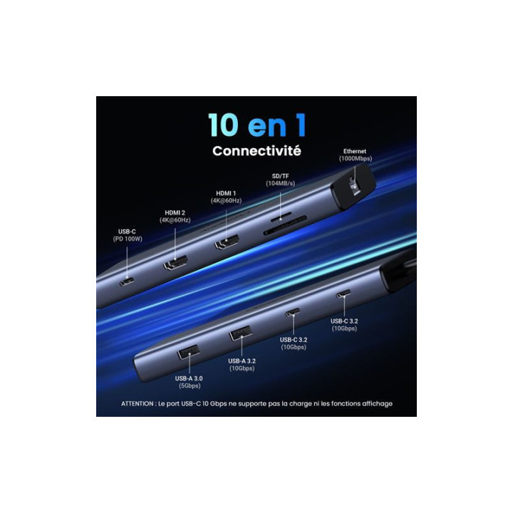 UGREEN HUB 10 EN 1 3XUSB3.2/USB-C/HDMI 4K *15596 