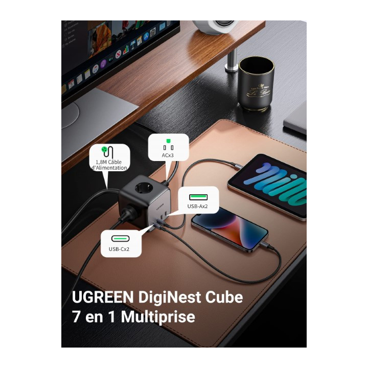UGREEN DIGINEST CUBE 7 EN 1 MULTIPRISE USB CUBE 3 PRISES *60113 