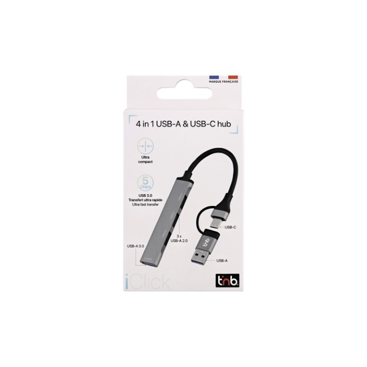 T'nB ICLICK HUB USB-A/USB-C/4 PORTS/GRIS