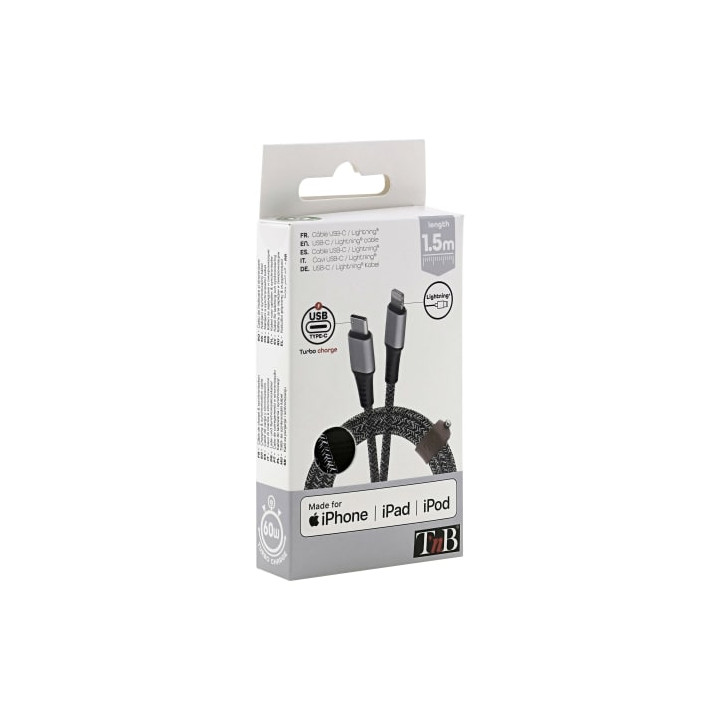 T'nB CABLE USB-C/LIGHTNING - 1.5M - NYLON RPET - NOIR