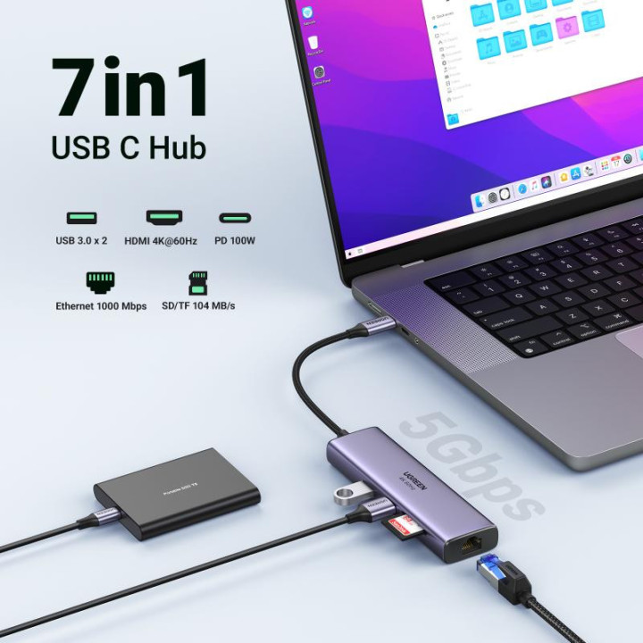 UGREEN HUB 7 PORTS USB-C 7 EN 1/4K 60HZ/100W/0.20M/GRIS 