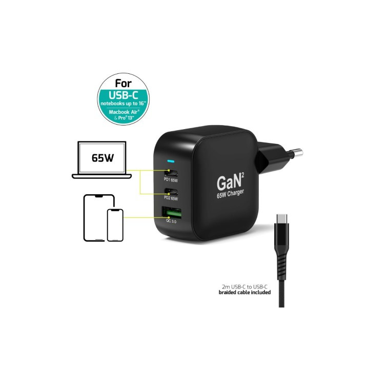 Port CHARGEUR MURAL 65W GAN 3 PORTS + CABLE USB-C - 2M