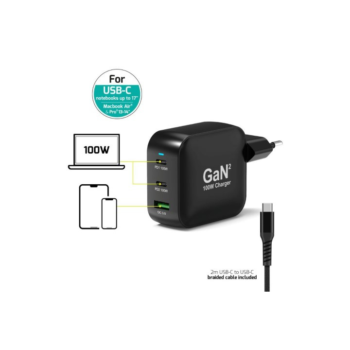 Port CHARGEUR MURAL 100W GAN 3 PORTS + CABLE USB-C - 2M