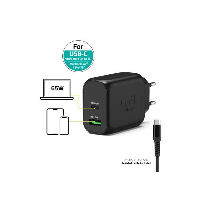 Port CHARGEUR MURAL GAN 65W - 2 PORTS + CABLE USB-C 2M
