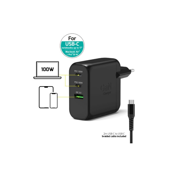 Port CHARGEUR MURAL GAN 100W - 3 PORTS + CABLE USB-C 2M