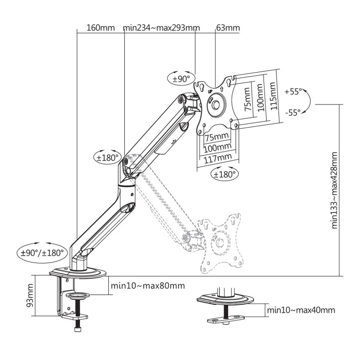 KIMEX INTERNATIONAL SUPPORT DE BUREAU FULL MOTION 1 ECRAN PC 17- 32 