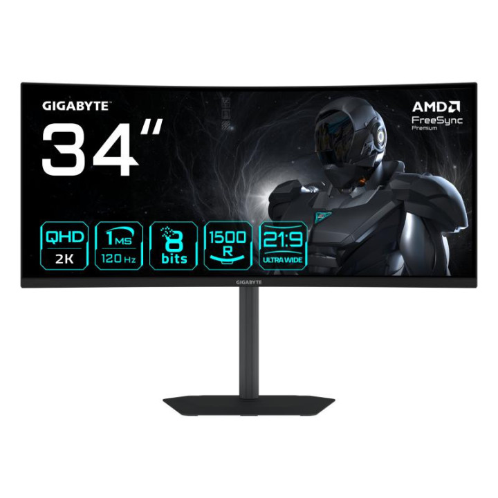 GIGABYTE GS34WQCA ECRAN GAMING INCURVE 34 WQHD ? 3440 X 1440. 1500R. 120HZ. 1MS. 300 CD/M2. FREESYNC PREMIUM. HDR READY. HDMI 2.