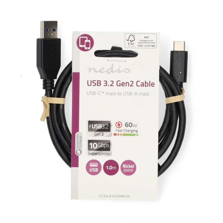Nedis CABLE USB-A VERS USB-C MALE/MALE - 60W - 1M - NOIR